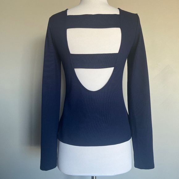 Karen Millen Open Back Navy Blue Long sleeve Cocktail Casual Top T-shirt Blouse - Picture 1 of 9